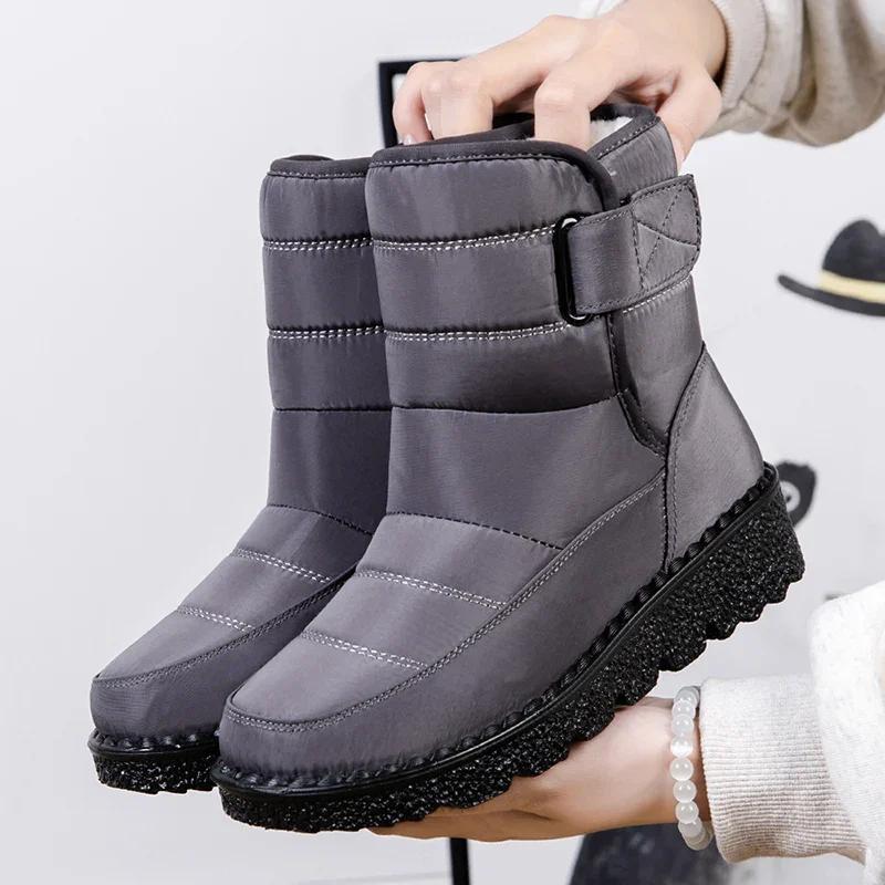 Fashion Snow Boots for Women's Thicken Plush Cotton Boots Winter Thick Platform Waterproof Warm Booties Hook Loop Plus Size Ladies Shoes