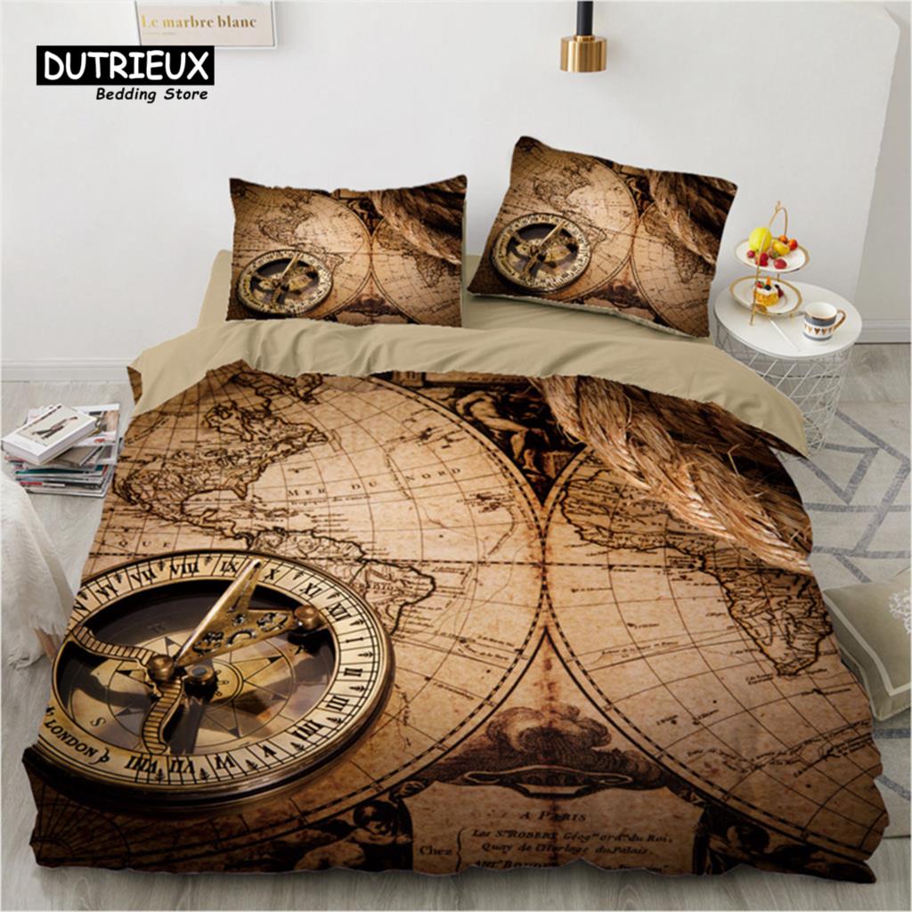 Compass Duvet Cover Vintage World Map Bedding Set Nautical Compass On Background Old Map Comforter Cover For Kids Adults Decor