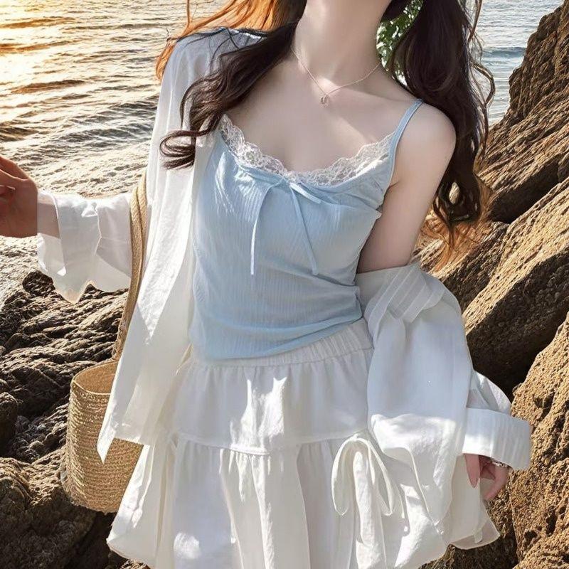 

Plus Size Lace-Trim Bow Spaghetti Strap Tank Top for Women – Summer Loose Fit M for 80-100 lbs