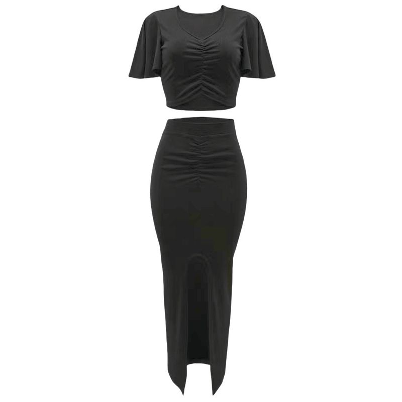 Western Style New Lotus Leaf Sleeve Navel V-neck Top Split Hip Skirt Two-piece Set Top and Skirt Set