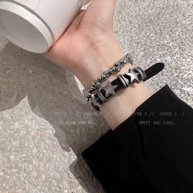 

Y2K Punk Rock Dark Star Leather Bracelet Necklace - Trendy Jewelry for Women, Men, and Couples.