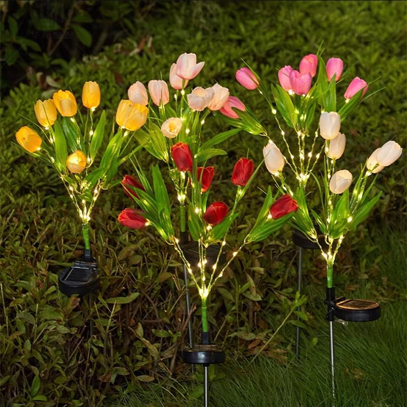 1Pc Solar Garden Flower Lights Realistic 7 Heads Tulip LED Garden Stake Landscape Lamp Waterproof for Balcony Yard Pathway Decor