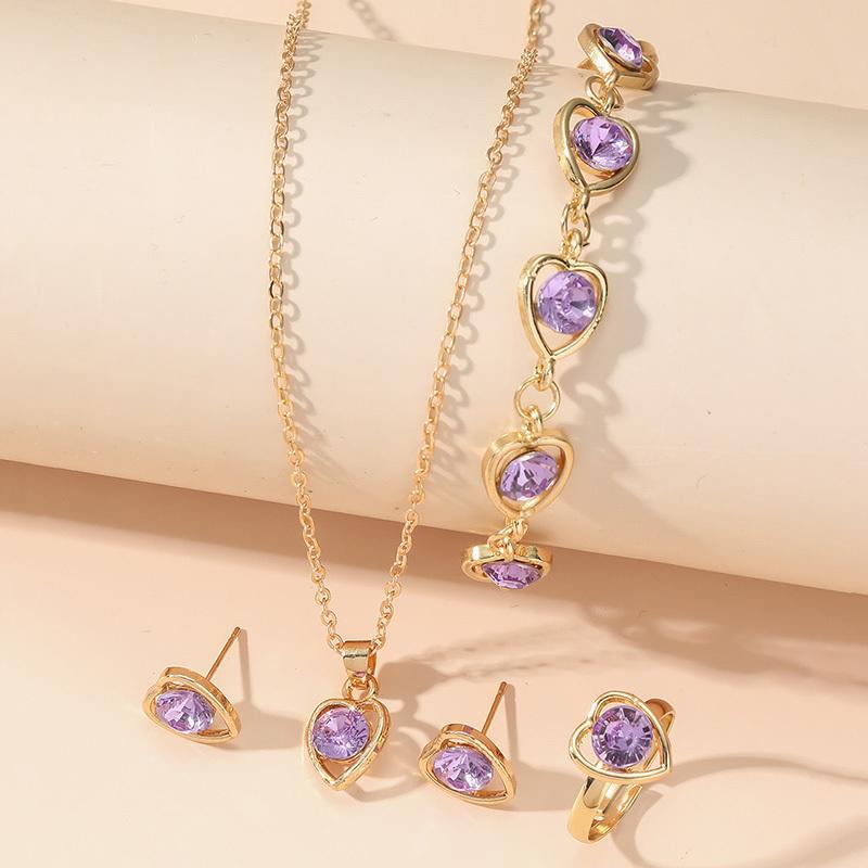 4Heart-shaped Luxury Set, New Creative Fashion, Shiny and Simple Necklace, Earrings, Ring, Bracelet, Party Commemorative Jewelry, Multifunctional