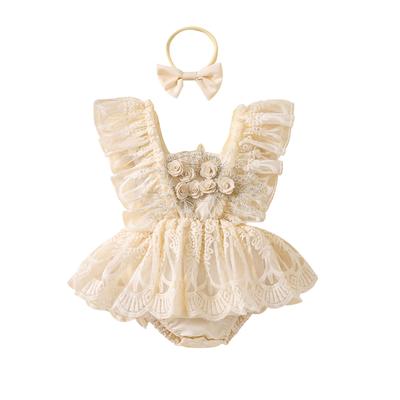 Infant Baby Girls Summer Lace Romper Dress 3D Flower Flying Sleeve Square Neck Jumpsuit with Bow Headband