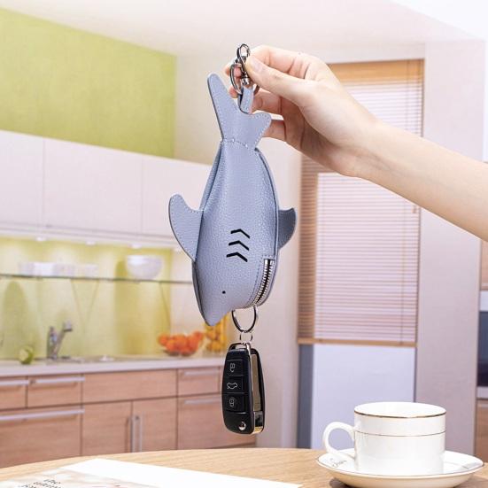 Leather Shark Key Bag Cute Shark Shape Car Key Bag Backpack Charm Shark Pouch with Keyring And Lanyard Zippered Coin Purse