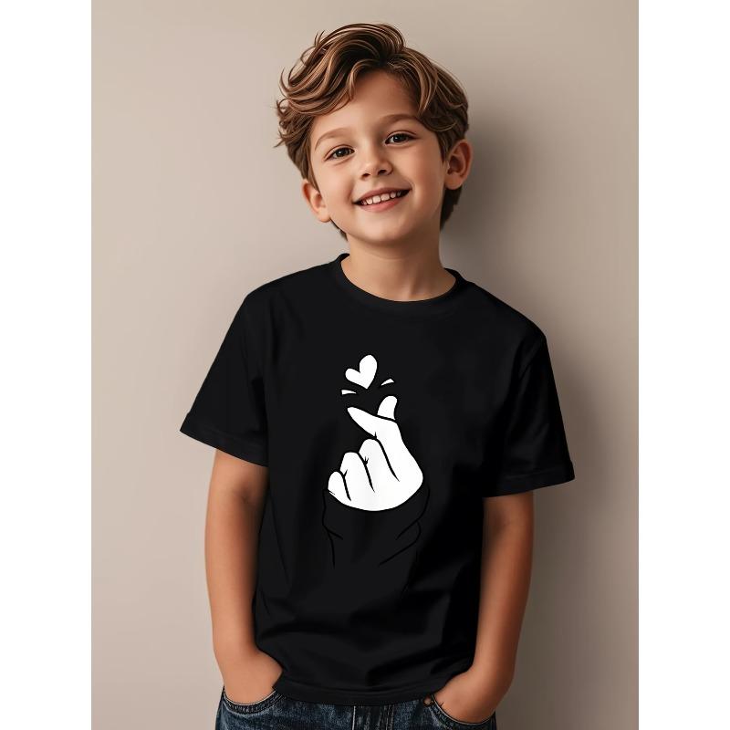 Boys Crew Neck Short Sleeve T-Shirt with White Heart Hand Gesture Print