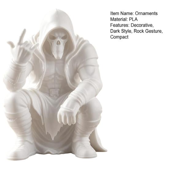 3D Printed Mini Hooded Skull Figurine, Dark Style Desktop Ornament, Cool Rock Gesture Skeleton Decor for Study Room E-Sports Room