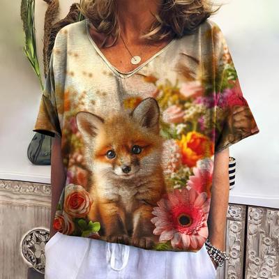 2024 Nieuwe Vintage Vrouwen T-shirt Cartoon Vos Print Plus Size Vrouwen Trend Kleding Mode Korte Mouw Shirt Vrouwen V-hals Blouse