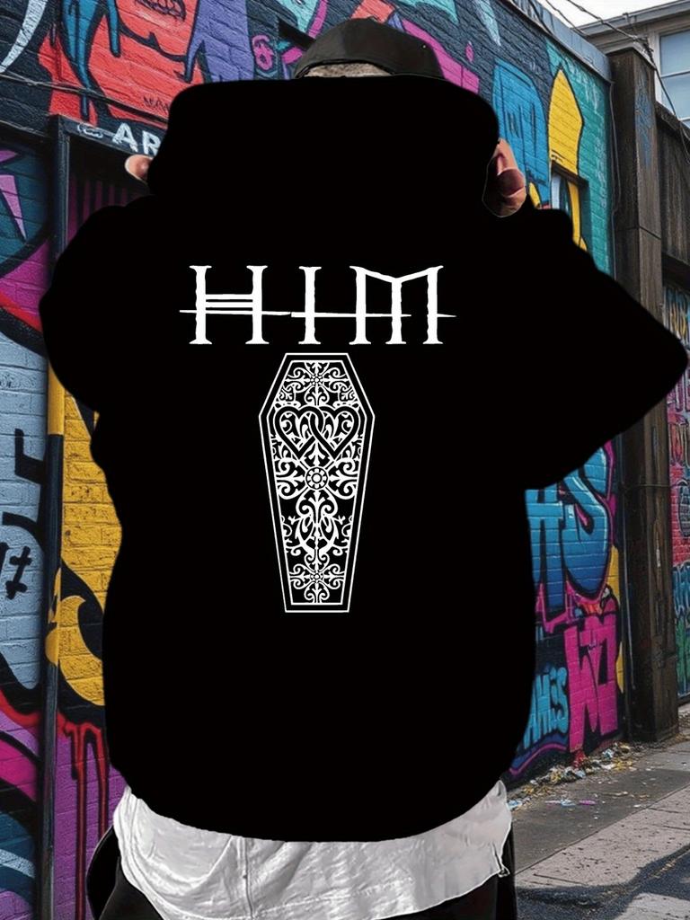 Gothic Grave Robe Hoodie - Black Hooded Sweatshirt with Intricate White Cross & Letter Print