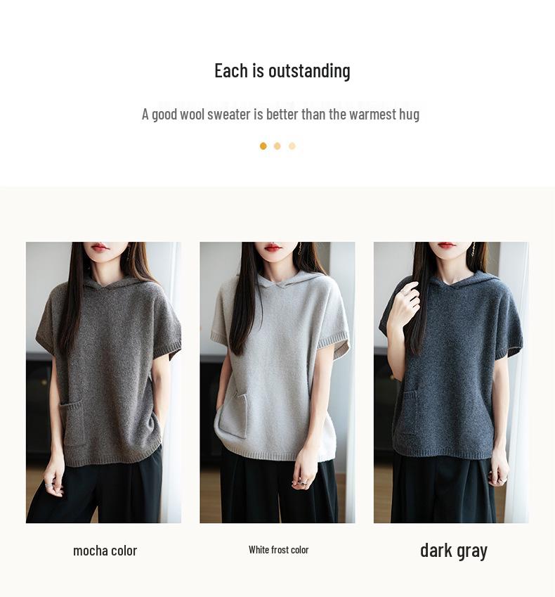 Early Autumn Women's Hooded Vest: 100% Pure Wool, Seven-Stitch, Short Sleeve, Pocket Design, Layering Sweater