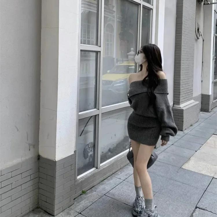 Koreansk stil mini strikket ett stykke kjole kvinner skråhals langermet grå kjoler vintage høst vestidos