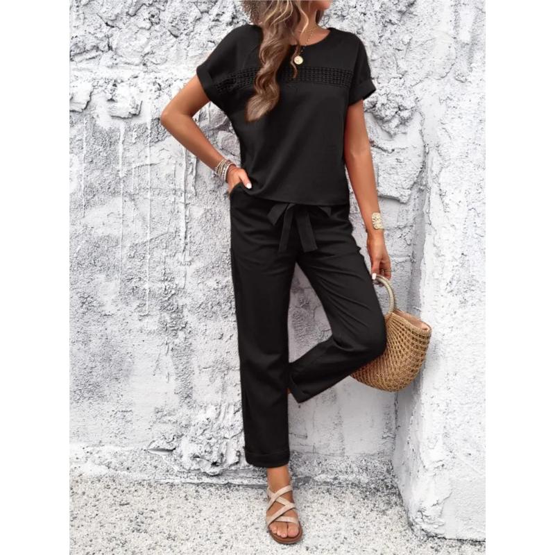 

Women s Two-piece Set Summer Short Sleeve O Neck Hollow Top Lace-up Waist Pants Elegant Suit Office Lady 2 Piece Sets S чорний