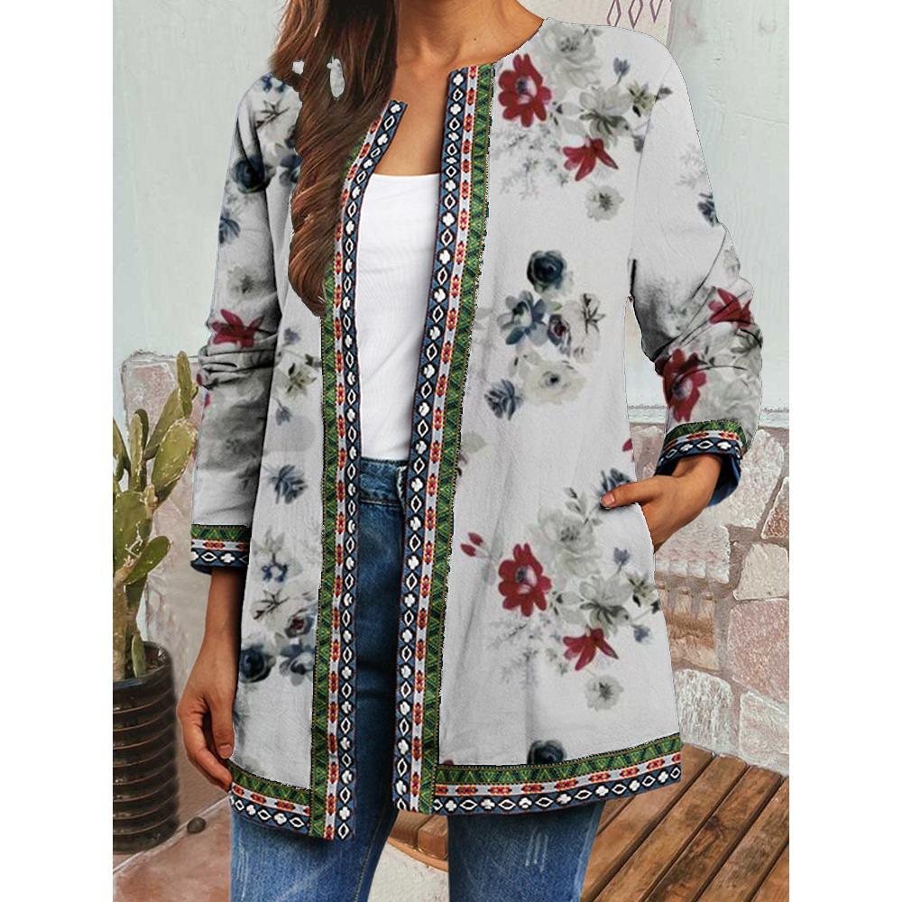 GMXIA Herbst Winter Vintage Ethnischer Stil Druck Übergröße Jacke Strickjacke Damenbekleidung