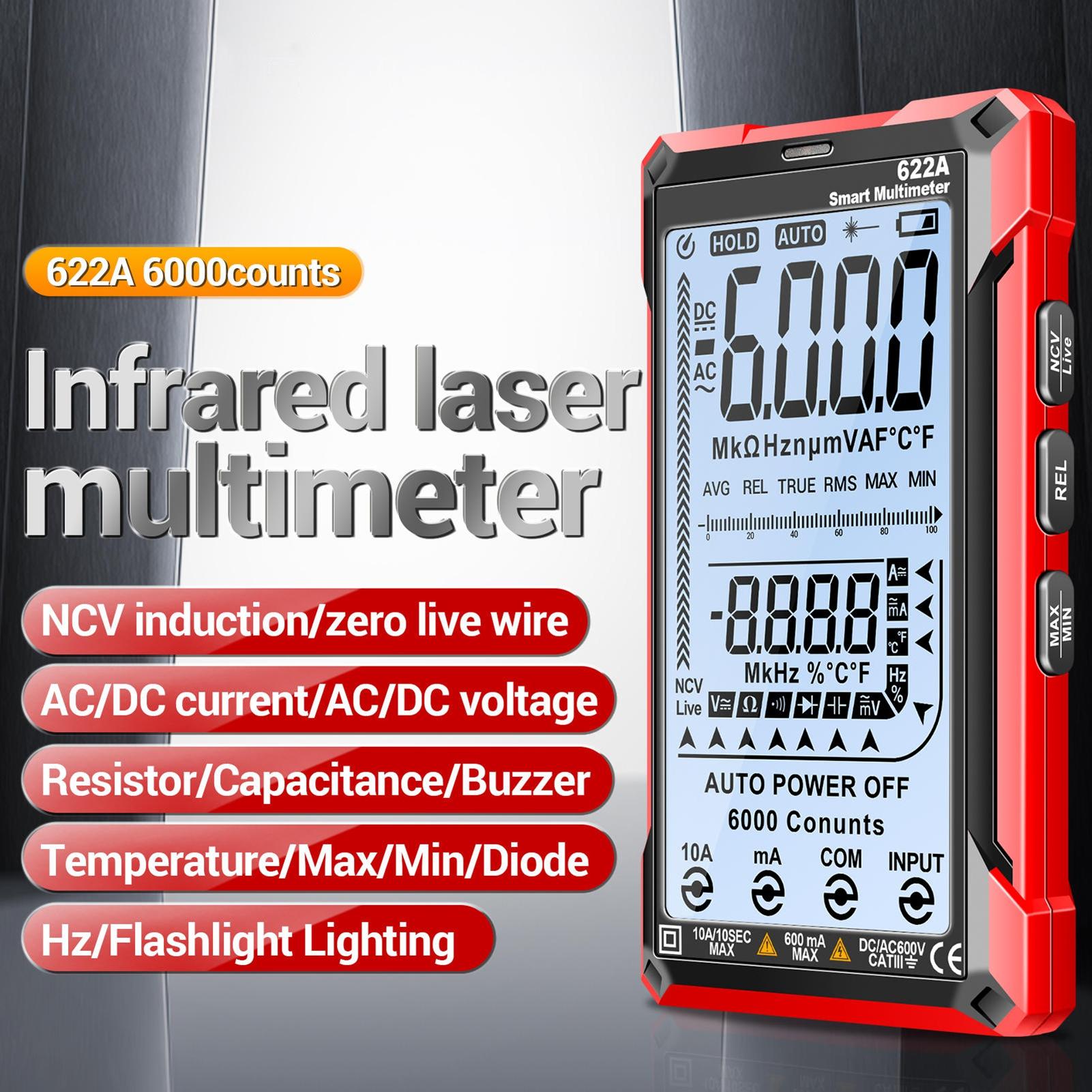 

Digital Multimeter Tester Smart Touch Auto-Ranging 6000 Counts Rechargeable Anti-burning Ohm Amp VoltMeter With CelsiusAC Current Voltage Resi