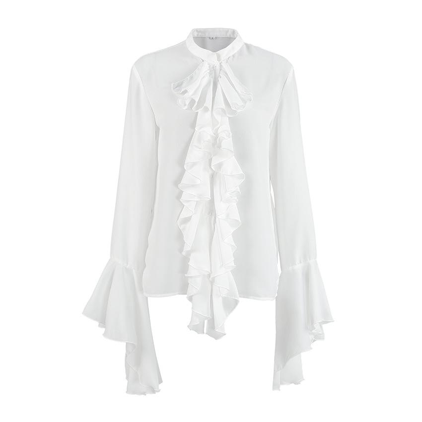 White chiffon design round neck flared sleeve ruffle edge women's shirt 1116 European and American spring and summer new fashion women