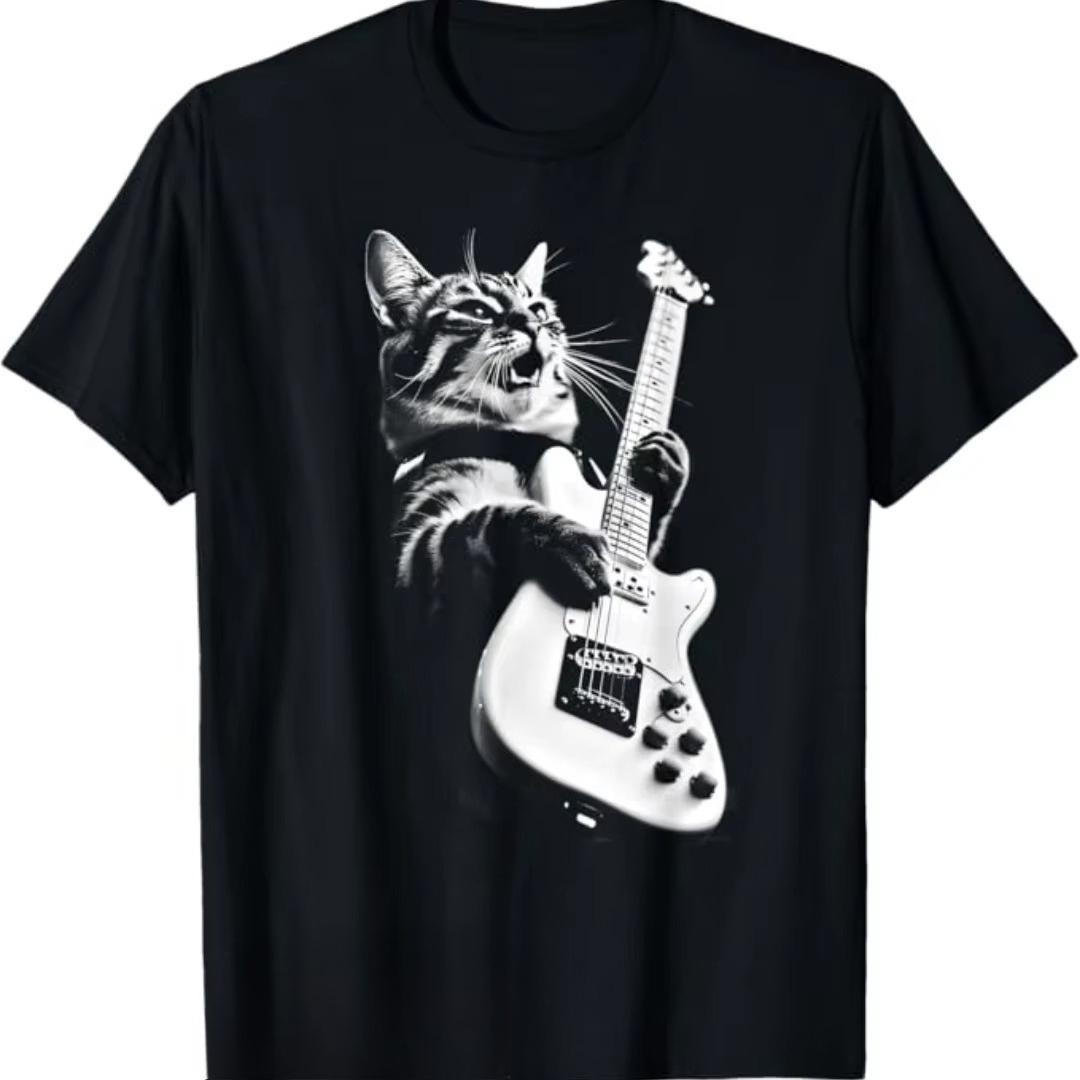 

Rock Cat Playing Guitar Graphic Print Autumn Pure Cotton Men s and Women s T-shirt Short Sleeve Street Fashion Trend Clothing S