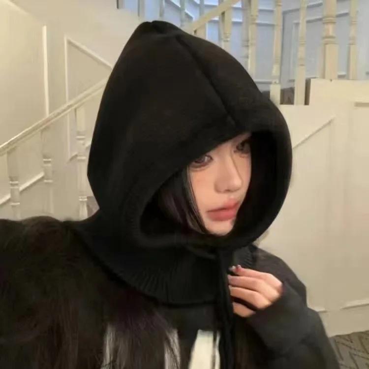 Winter Knitted Hooded Scarf Hat Women Warm Ear Protection Cap Outdoor Cycling Cold-Proof Integrated Neck Warmer Fashion Hat