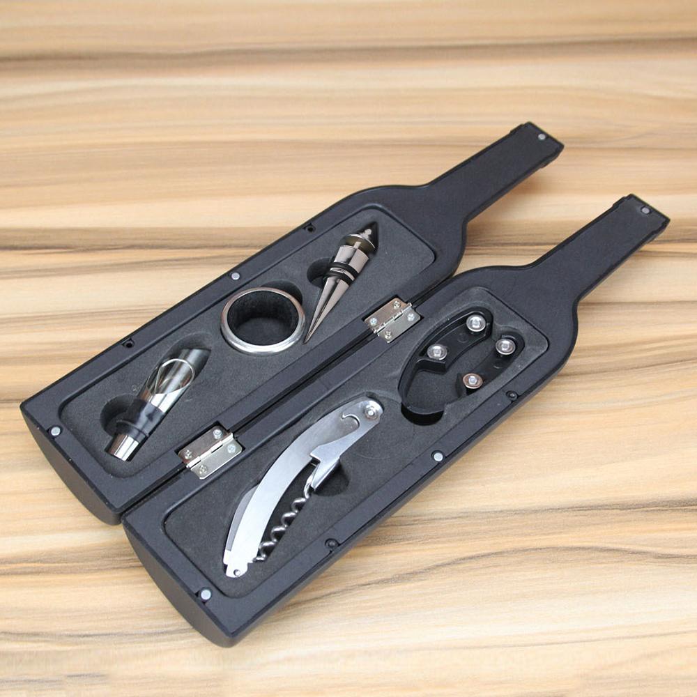 Bottle-Shaped Case Stainless Steel With Drip Ring, Foil Cutter, Wine Pourer and Stopper Multifunctional 5 Pieces Wine Opener Accessories Set