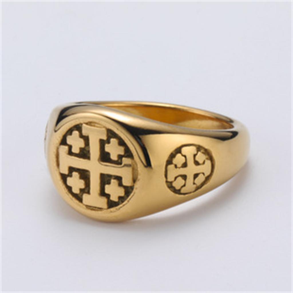 Gold Color Jerusalem Cross Ring Stainless Steel Religious Vintage Five Crosses Crusader Jewelry Georgia Symbol Jewelry for Men