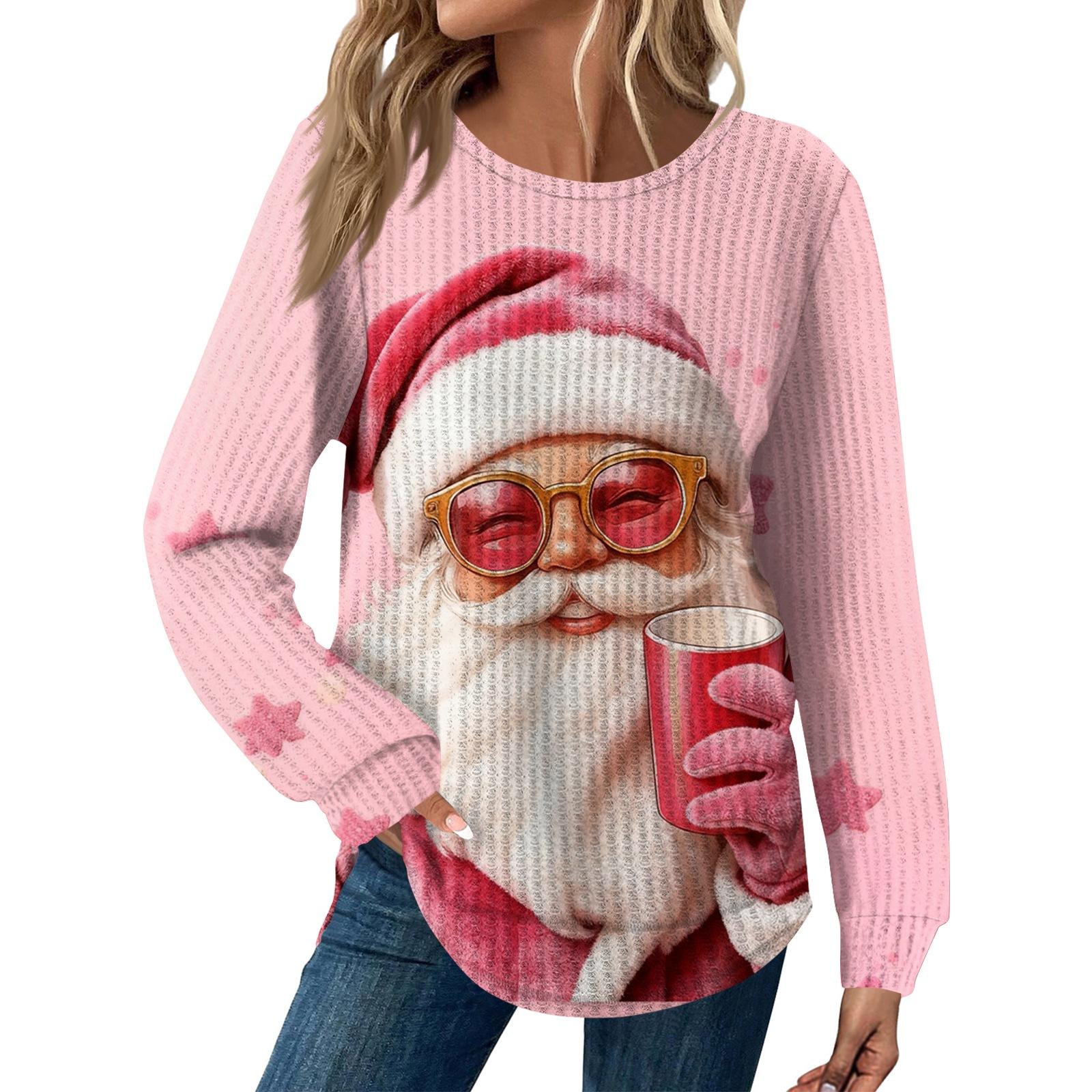 

Женская Мода Повседневный Свободный Топ с Круглым Вырезом и Длинным Рукавом с Рождественским Принтом XL белый