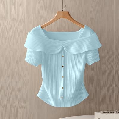 Ladies' Summer Short Sleeved Shirt - Elegant Button Design In Middle Eastern Style, Lightweight and Breathable Fabric, Machine Washable Solid Shirt