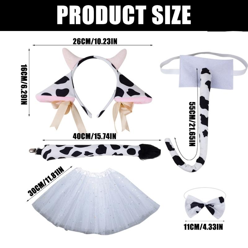 Cow Costume Set Lovely Cow Ear Hair Hoop Mesh Skirt Cow Ear Headband Plush Tail Bowtie Party Supplies for Halloween