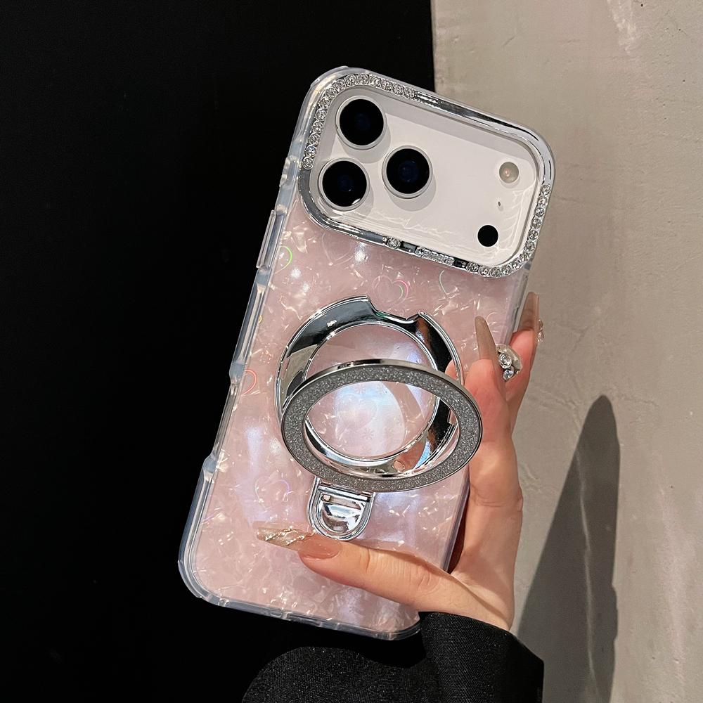 KEYSION Magnetische Muscheltextur Juwelenbesetzte Handyhülle für iPhone 14 15 17 Pro Max Air 16Plus Stoßfestes Panzer-Ringständer-Backcover