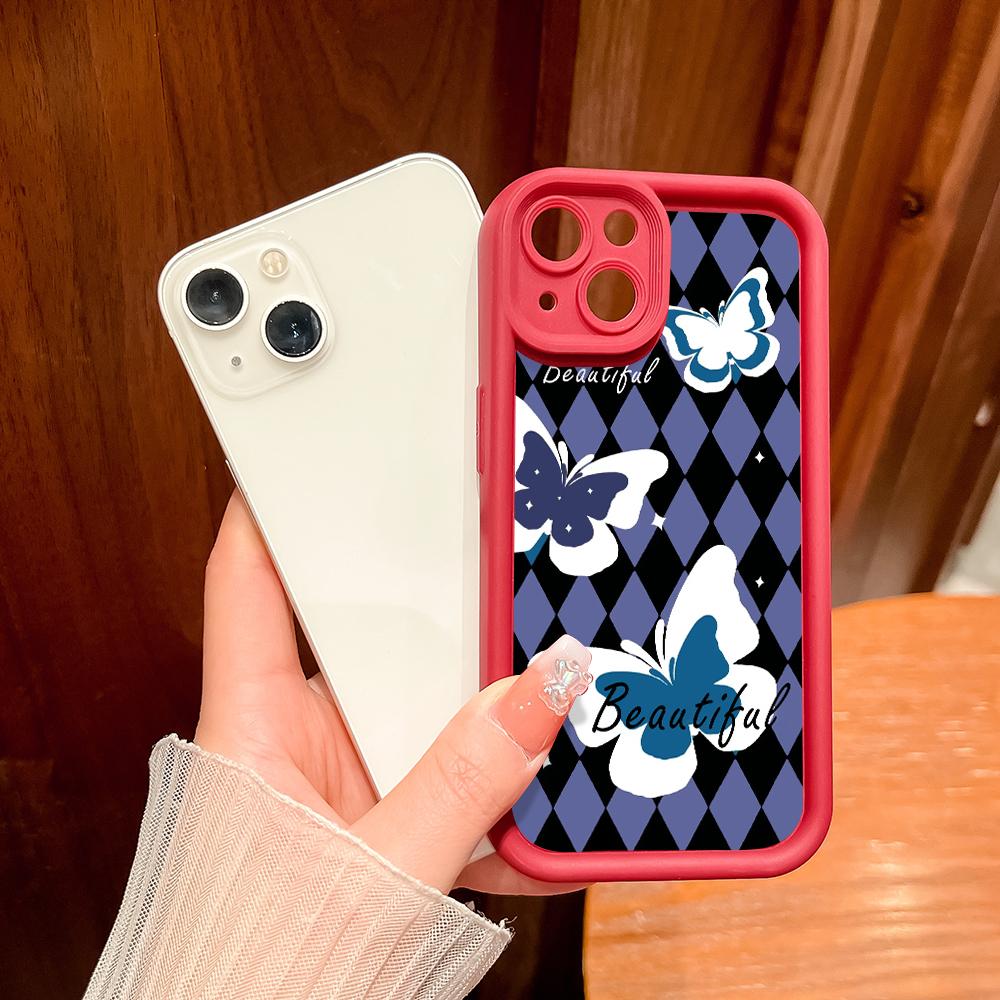 For iPhone 16 15 14 13 12 11 Pro Max XS Max XR X SE 8 7 Soft Silicone Butterflies Lozenge Shape Full Lens Protect Phone Case Cover