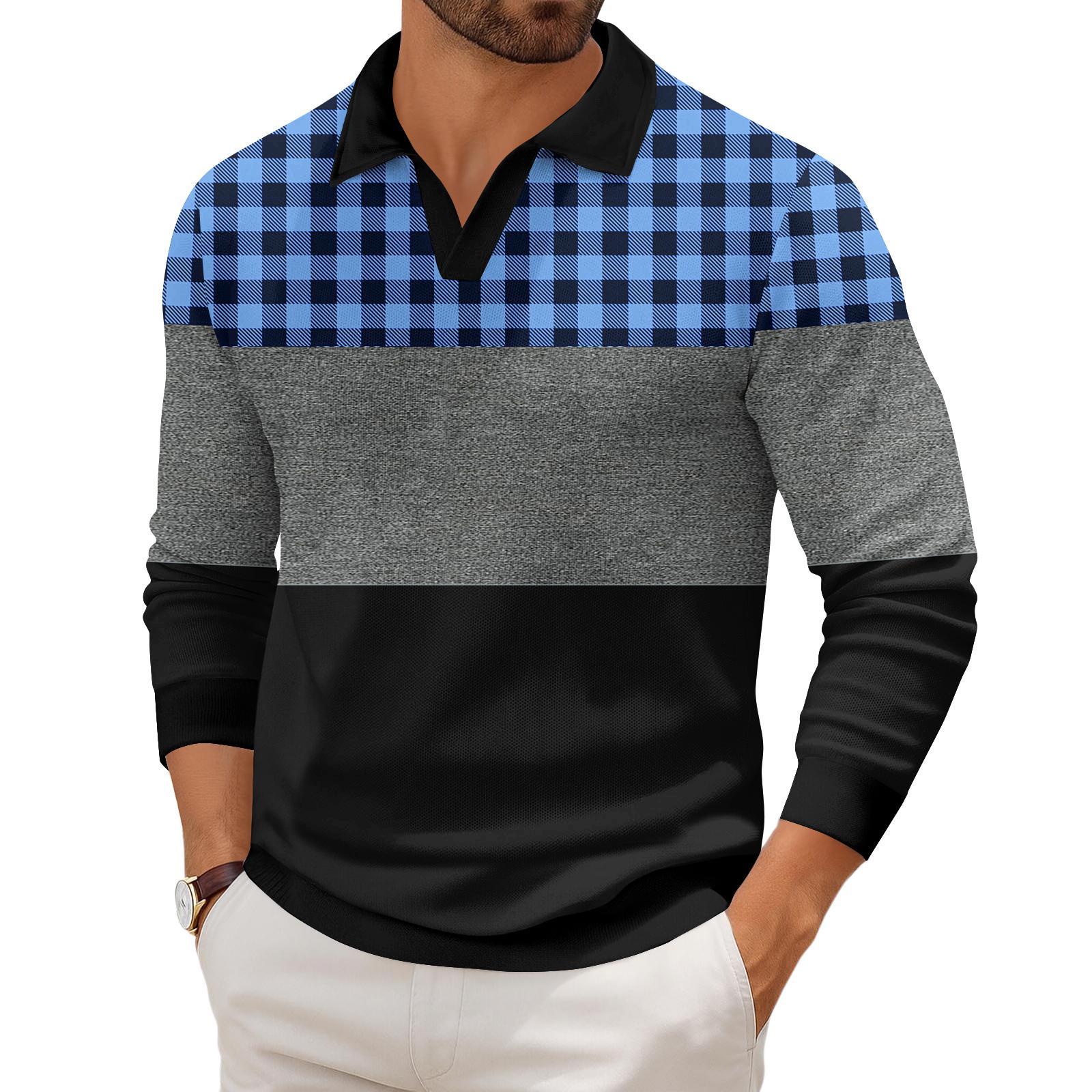 

Men s Casual Fashion Printed Lapel Long-sleeved Knitted Bottoming Shirt Top S синий