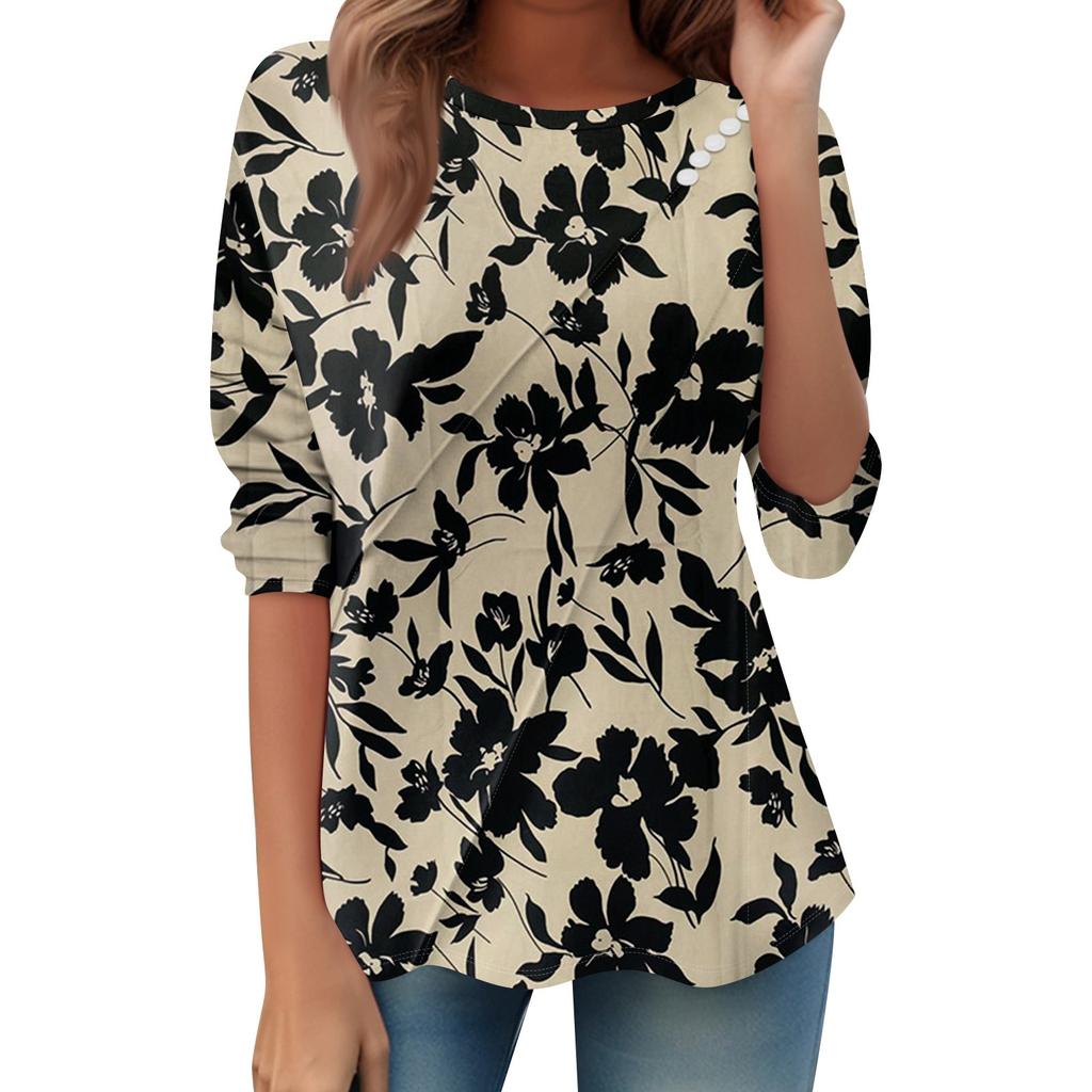 Women's Loose Casual Long Sleeve Top Round Neck Button Pull Stripe Prints T Shirt