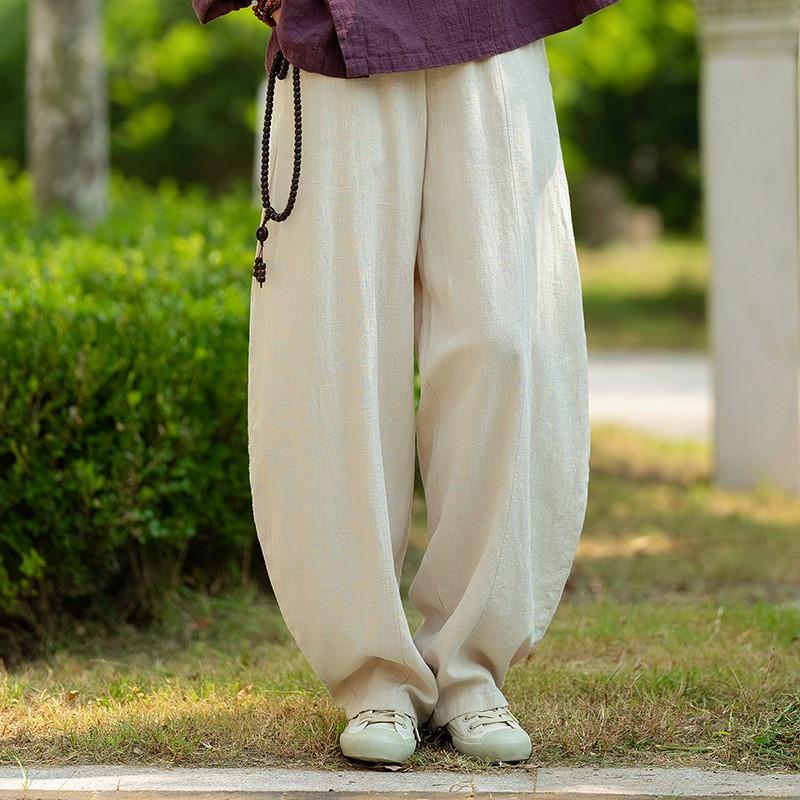 Johnature Women Straight Pants Solid Color Elastic Waist Autumn Trousers Loose Vintage Long Pants