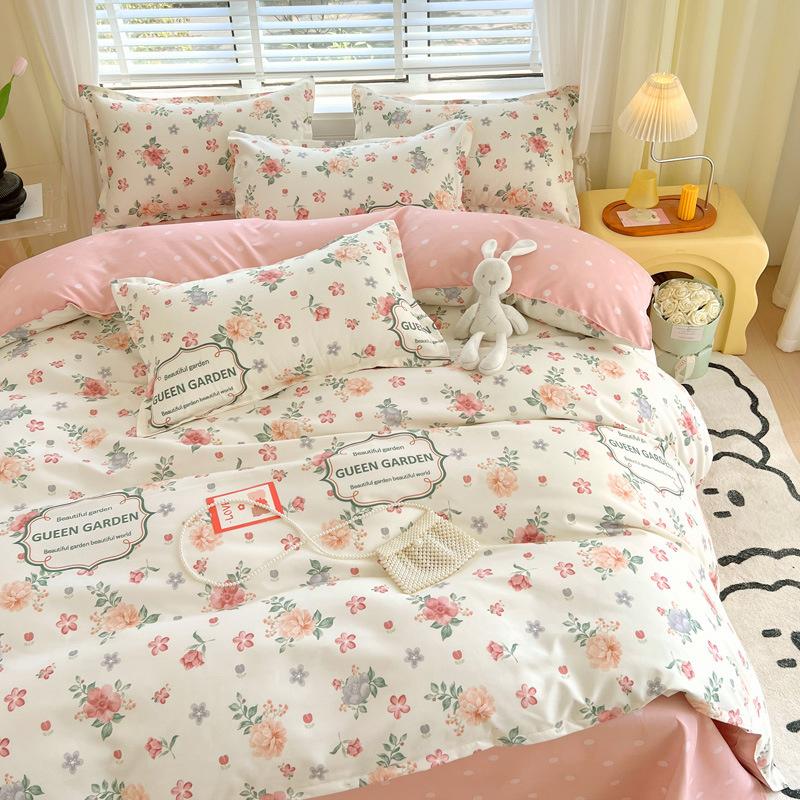 INS Double-sided Availability Pink Blue Cute Cat And Rabbit Bedding Set Duvet Cover Sheets With Pillowcases Full Size Bedroom