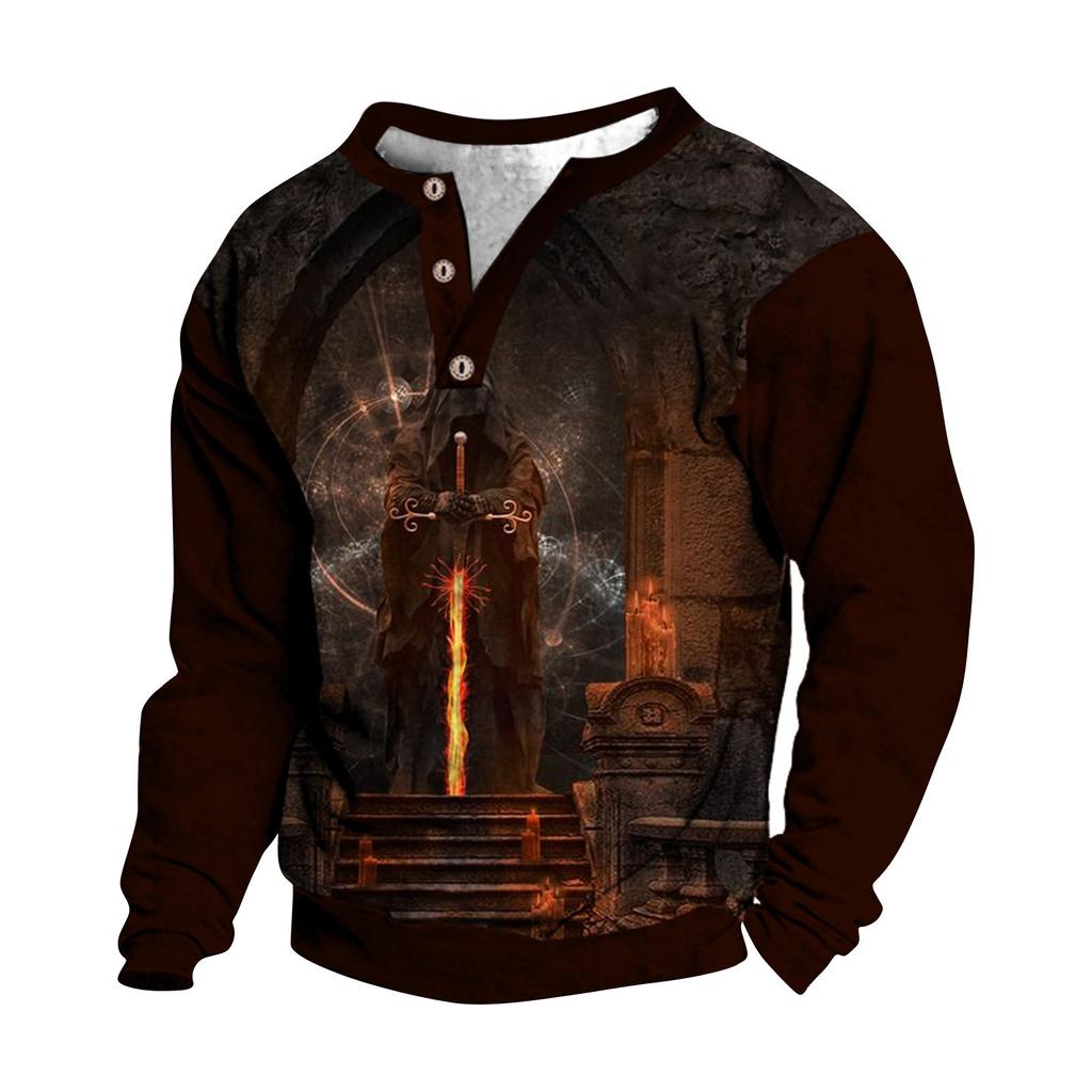 Pullover mit V-Ausschnitt für Herren, 3D-Digitaldruck, Stehkragen, 3 Knöpfe, Vintage-Kragen