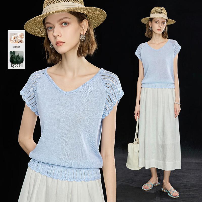 Wudao Women s Old Money Style Knit Short Sleeve T-Shirt L
