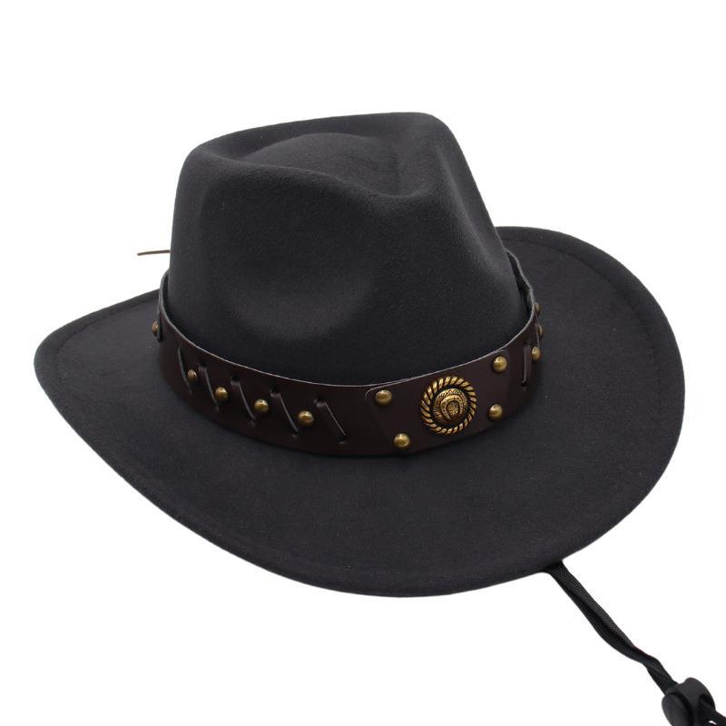 Western Cowboy Hat Tibetan Top Hat Felt Jazz Hat Rolled Edge Felt Hat Rivet Belt Buckle Metal