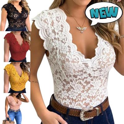 Büyük Beden Moda Kadın Slim Fit Üstler Yaz Derin V Yaka Hollow Out Kolsuz Üstler Rahat Kısa Kollu Çiçekli Dantel Yelek Gömlek