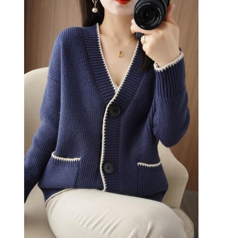 Autumn Winter Korean Fashion V-neck Loose Knitted Sweater Jacket Women Cardigan Pockets Casual Office Coats Long Sleeve Solid Color Simple Clothing
