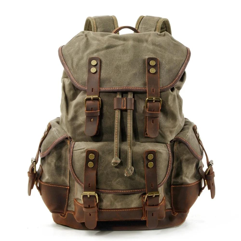 Vintage Canvas Backpacks for Men Laptop Daypacks Waterproof Rucksacks Large Waxed Mountaineering Travel Pack Vintage Backpack
