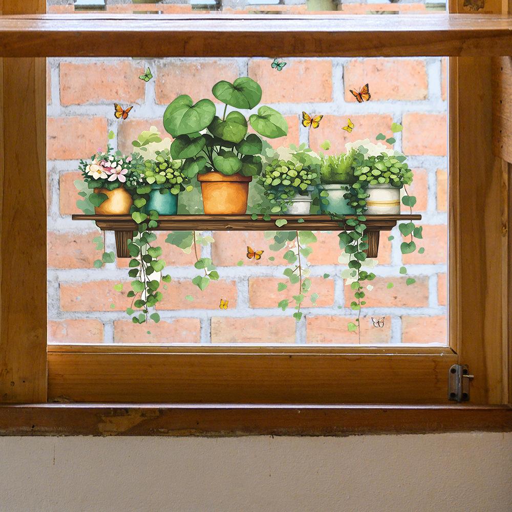 Painted Green Ivy Potted Plant Shelf, Butterfly Living Room and Bathroom Decorative Wall Stickers