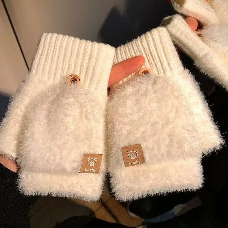 Open Finger Flip Gloves, Plush Gloves, Female, Winter, Cute, Warm, Cold Proof, Writing and Cycling, Thick Touch Screen Gloves, Couple Style