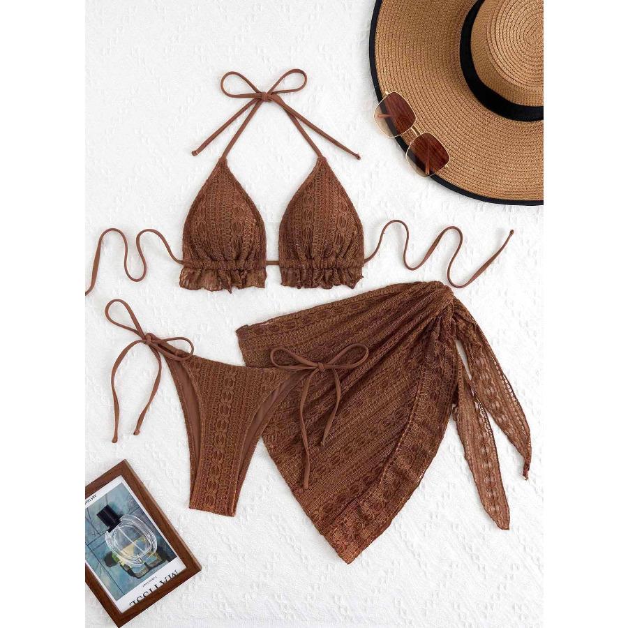 New Sexy 3 Piece Bikini Swimsuit Set with Sheer Skirt Solid Color Halter Swimwear CLE