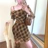 Spring 2026 French Retro Plaid One-Shoulder Ruffle Dress with Irregular Hem