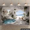2D flat white cave-themed seascape backdrop  suitable for living rooms bedrooms  live streaming studios  and guesthouse