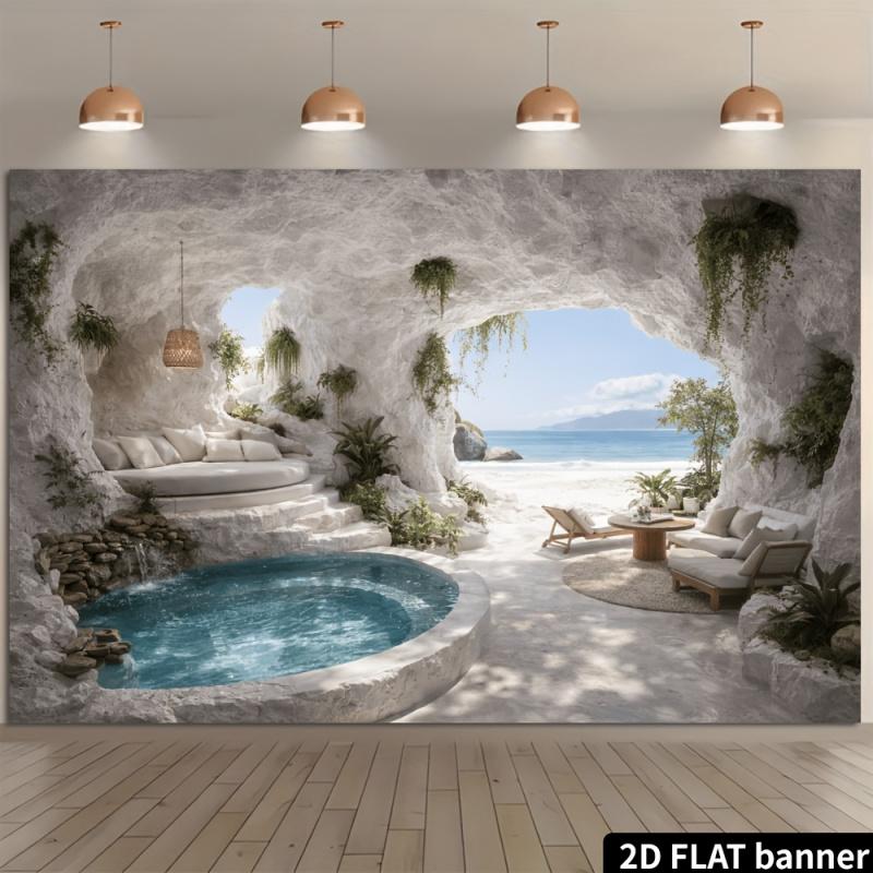 2D flat white cave-themed seascape backdrop suitable for living rooms bedrooms live streaming studios and guesthouse
