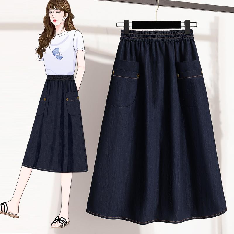 

DIMANAF 2026 Summer Plus Size Women Skirts Elastic Waist Denim Blue Oversize Casual Lady Long Skirts Cotton Solid 5XL