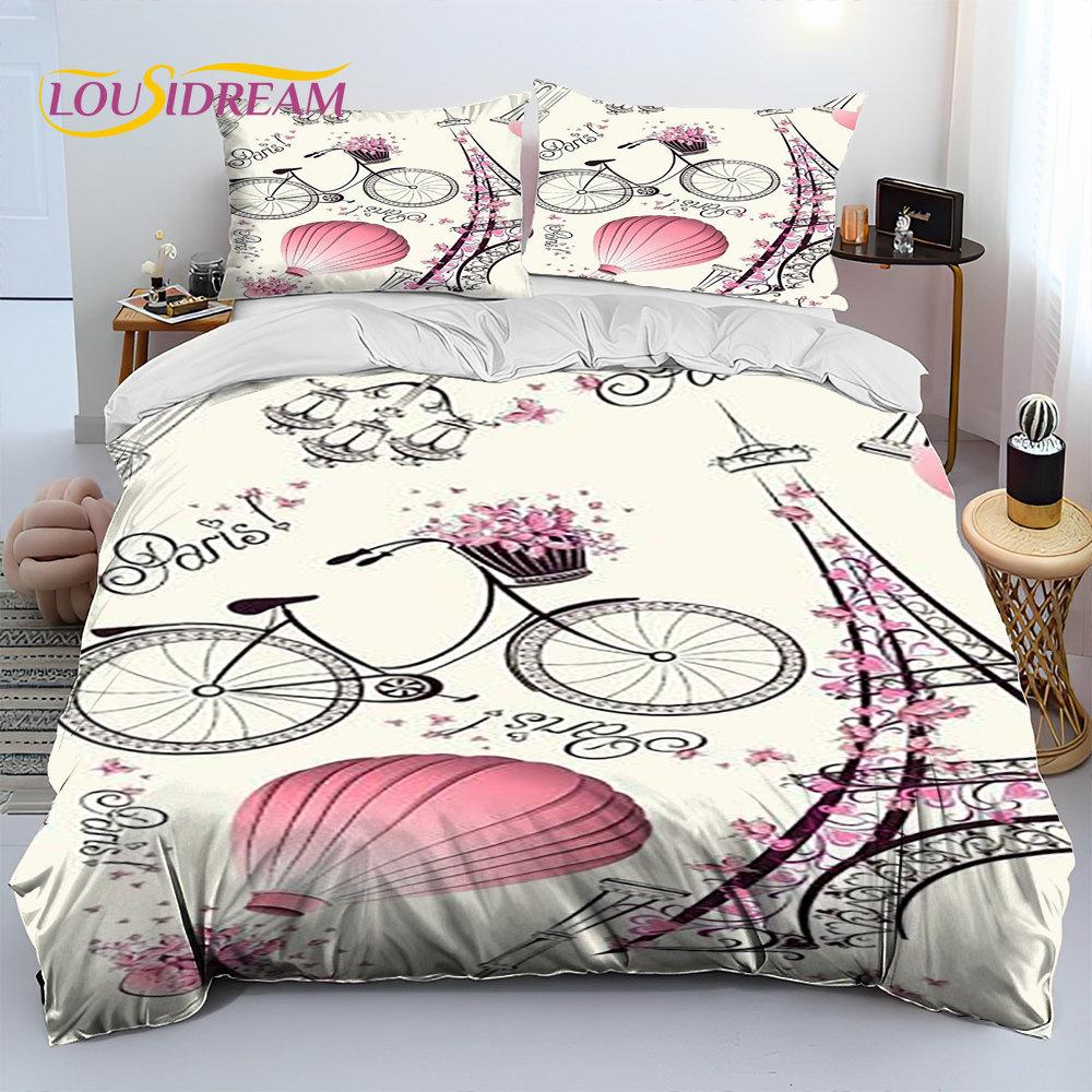 France Paris Eiffel Tower Comforter Bedding Set,Duvet Cover Bed Set Quilt Cover Pillowcase,King Queen Size Bedding Set Kid Adult