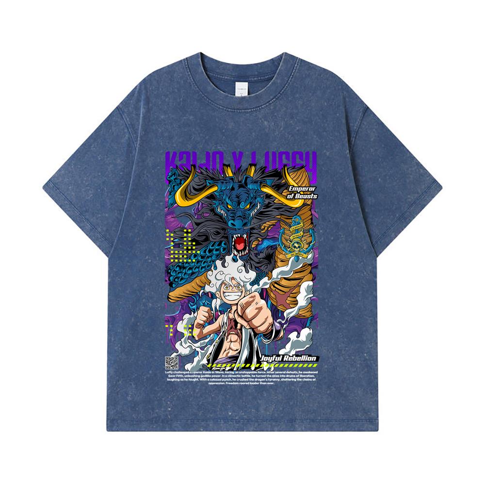 275 GSM Washed T-shirts 100% Cotton One Piece V35 Luffy Kaido Print Unisex Heavy Cotton T Shirt