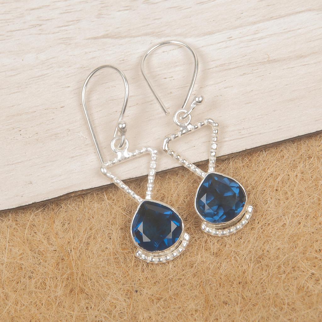 London Blue Topaz Gemstone Earrings, Handmade Gorgeous Silver Jewelry, 925 Solid Sterling Silver Bohemian Earrings Gift For Women