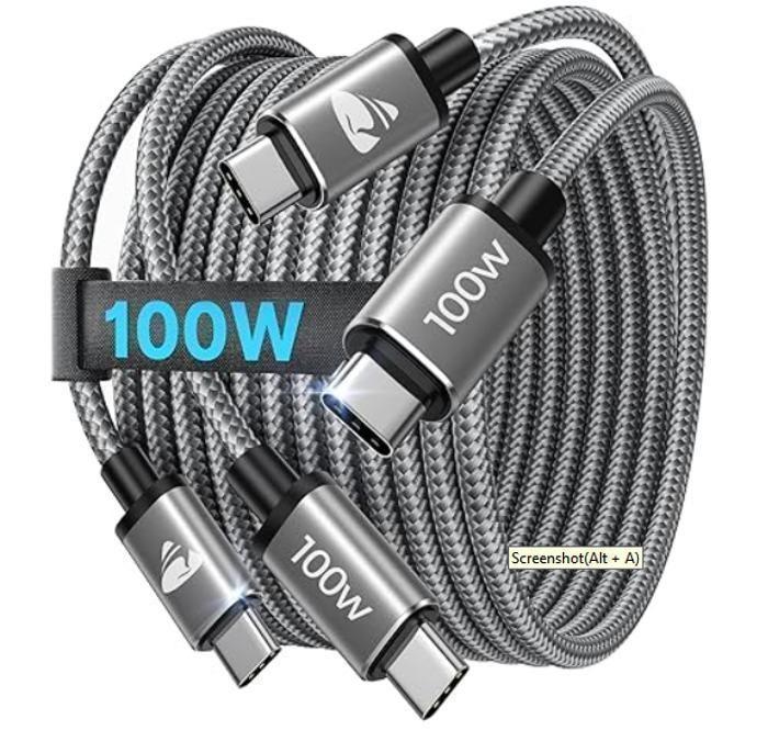 Câble USB C vers USB C [1m+1m/Lot de 2] 100W Cable USB C Charge Rapid 5A PD3.0, Chargeur Type C Nylon USB C Cordon pour iPhone 16 15