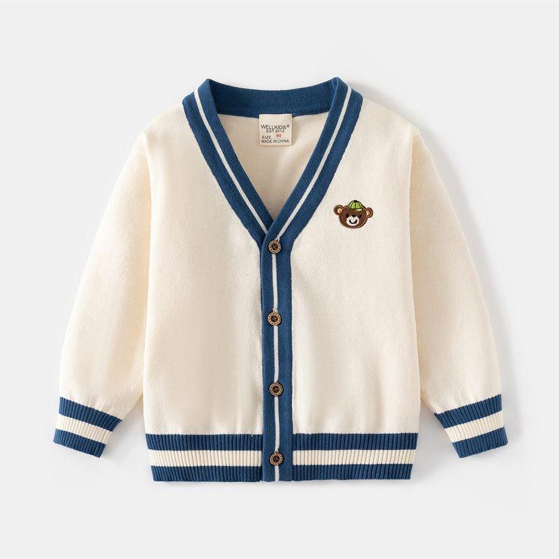 Children s Sweater Spring and Autumn Boys Cardigan Jacket Boys V-Neck Embroidered Bear Korean Style Children s Knitwear Top Beige 130